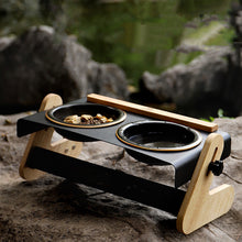 Load image into Gallery viewer, Pet Bowl Set with Ceramic Bowl and Iron-Wood Stand, Adjustable Height & Angle