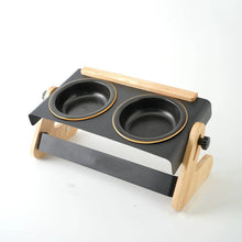 Load image into Gallery viewer, Pet Bowl Set with Ceramic Bowl and Iron-Wood Stand, Adjustable Height & Angle