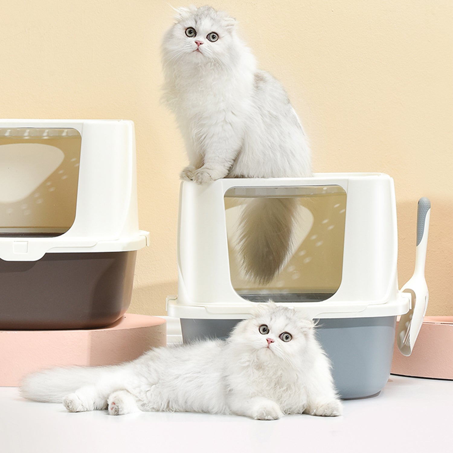 HANAMYA Flip-Top Jumbo Cat Litter Box with Scoop, Front Entry and Top Exit, White&Gray