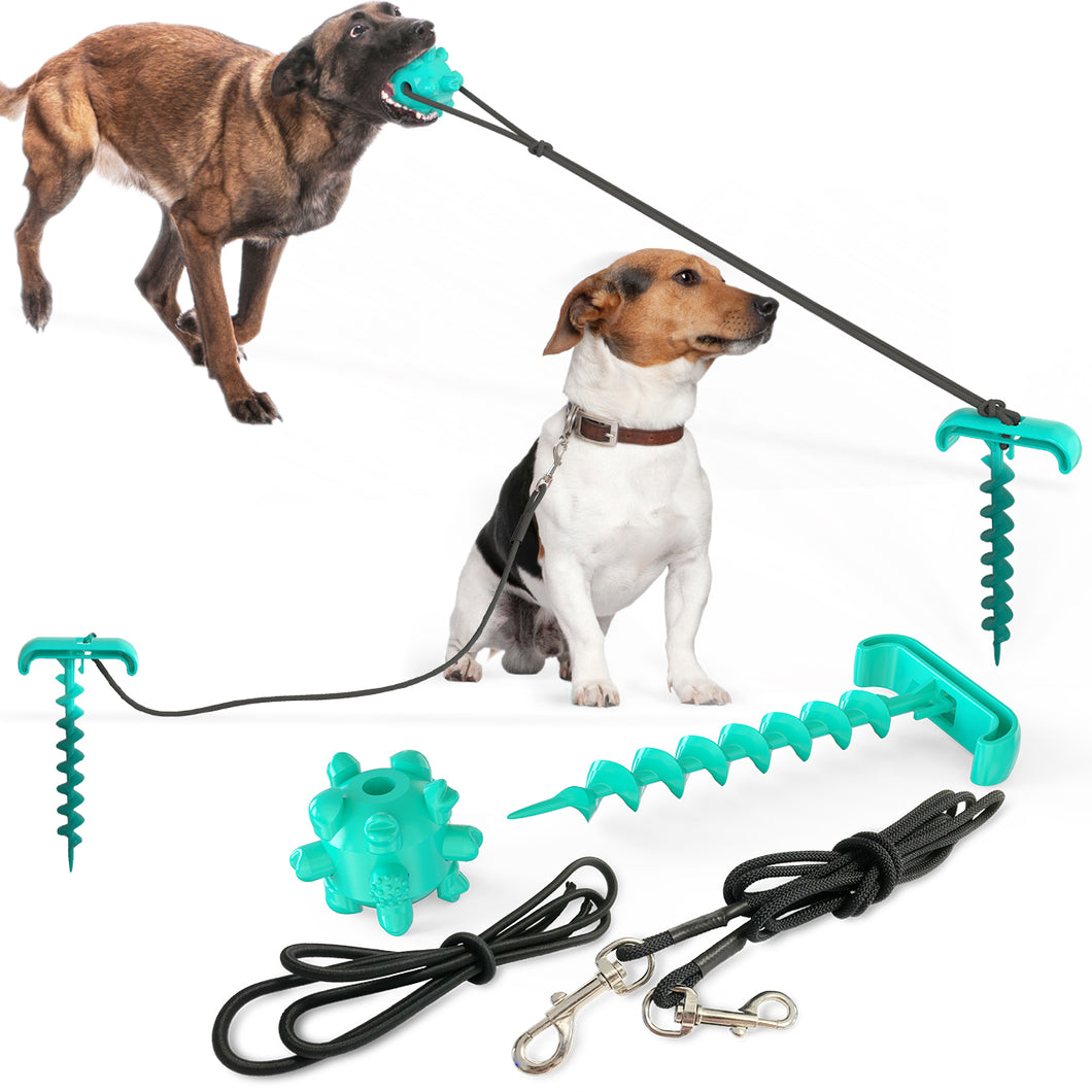 Dog Chew Ball Toy with Portable Tie-out Stick and Elastic Pull Rope Molar Ball